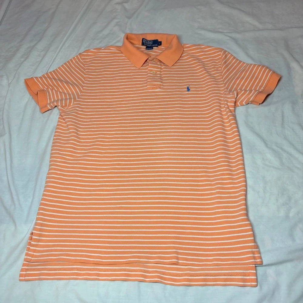 Polo Ralph Lauren Mens Large Orange White Striped Short Sleeve Pique Polo Shirt